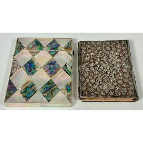 273 - 19TH CENTURY MOTHER OF PEARL AND ABALONE CARD CASE TOGETHER WITH A NOTEBOOK HAVE A PIERCED WHITE MET... 