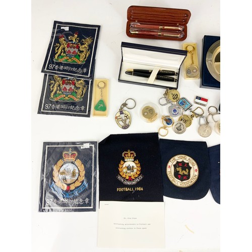 188 - INTRESTING HONG KONG POLICE EMBROIDERED BADGES, KEY RING ETC