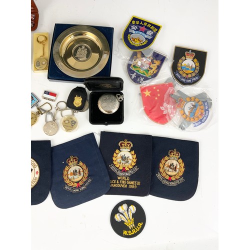 188 - INTRESTING HONG KONG POLICE EMBROIDERED BADGES, KEY RING ETC