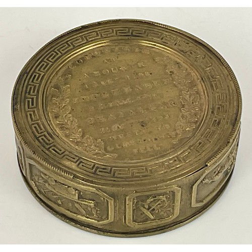 274 - NELSON SOUVENIR SNUFF BOX OF CIRCULAR FORM, REMOVEABLE COVER WITH BUST OF NELSON, GREEK KEY FRIEZE A... 