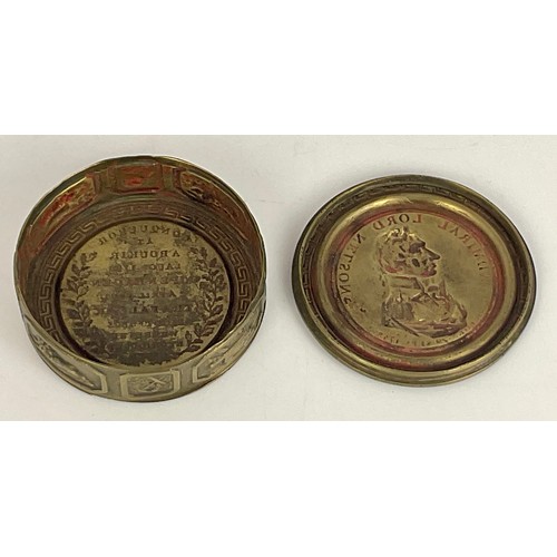 274 - NELSON SOUVENIR SNUFF BOX OF CIRCULAR FORM, REMOVEABLE COVER WITH BUST OF NELSON, GREEK KEY FRIEZE A... 