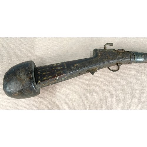 234 - A TURKISH/ BALKAN GUN WITH DECORATIVE WHITE METAL BANDS AND INLAID STOCK, HEXAGONAL BARREL, APPROX. ... 