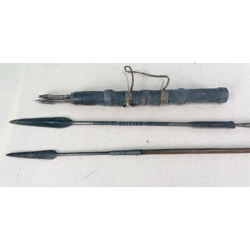 203 - 2, POSSIBLY AFRICAN, STEEL TIPPED SPEARS TOGETHER WITH A HIDE QUIVER OF STEEL TIPPED BAMBOO ARROWS