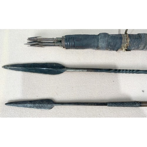 203 - 2, POSSIBLY AFRICAN, STEEL TIPPED SPEARS TOGETHER WITH A HIDE QUIVER OF STEEL TIPPED BAMBOO ARROWS