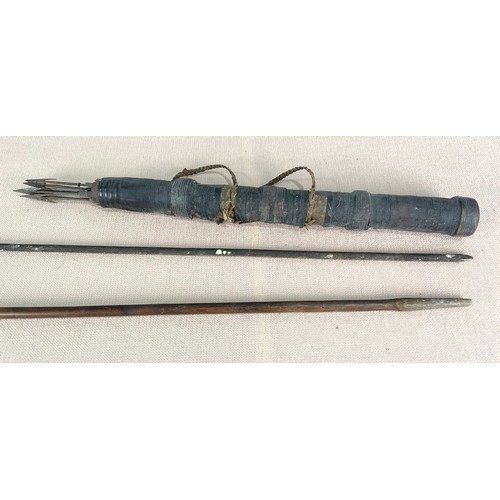 203 - 2, POSSIBLY AFRICAN, STEEL TIPPED SPEARS TOGETHER WITH A HIDE QUIVER OF STEEL TIPPED BAMBOO ARROWS