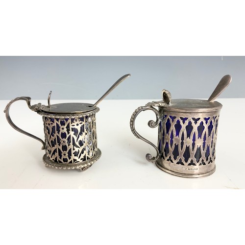 380 - HALLMARKED SILVER SIFTER, 2 PIERCED SILVER MUSTARD POTS 217g