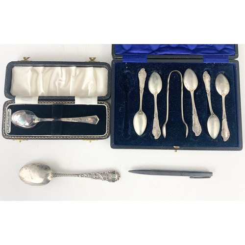 314 - MISC. SILVER AND 800 SILVER SPOONS, TONGS, A SILVER PEN, ETC