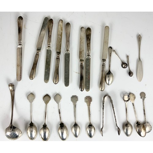 316 - HALLMARKED SILVER  GOLF SPOONS, SIFTER SPOONS, SUGAR TONGS, BUTTER KNIVER WITH SILVER HANDLES ETC 23... 