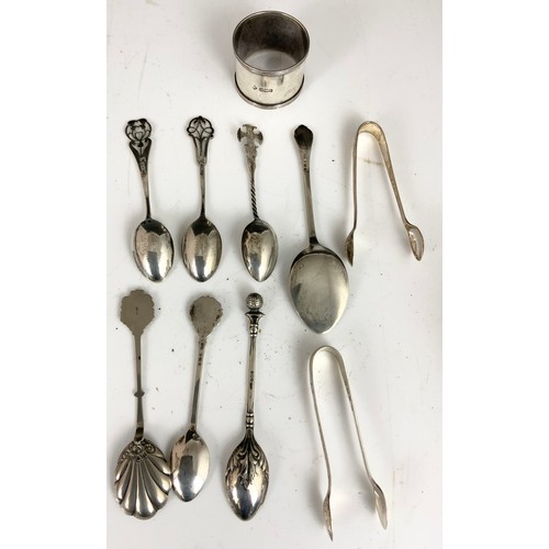 317 - SILVER SPOONS, TONGS  & SERVIETTE RING 161g