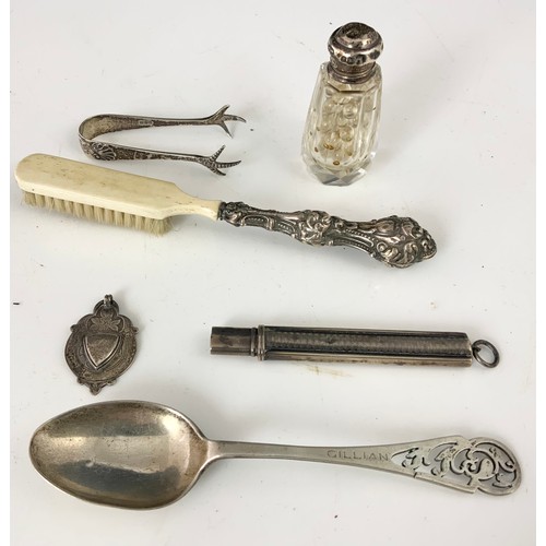 367 - MISC. ITEMS INCLUDING SILVER MEDAL, SILVER TOP SCENT BOTTLE, SILVER TONGS, NOVELTY PUNCH VESTA CASE,... 