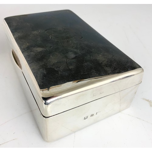 418 - HALLMARKED SILVER CIGARETTE BOX WITH MONOGRAM 475g GROSS