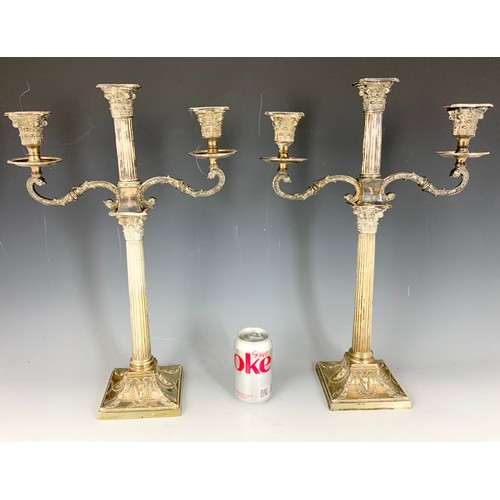 403 - PAIR OF  IMPRESSIVE SILVER PLATED CORINTHIAN COLUMN CANDLESTICKS WITH RAM’S HEAD RELIEF DECORATION T... 