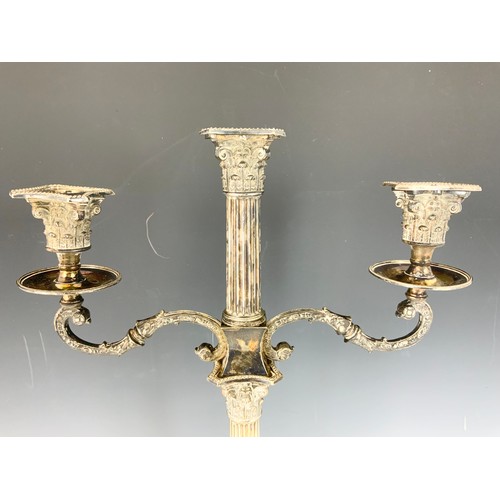 403 - PAIR OF  IMPRESSIVE SILVER PLATED CORINTHIAN COLUMN CANDLESTICKS WITH RAM’S HEAD RELIEF DECORATION T... 