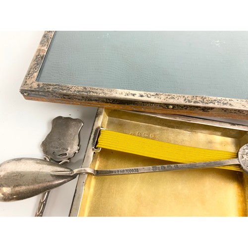 320 - HALLMARKED SIVER CIGARETTE CASE 83g , 2 SOUVENIR SPOONS 33g  & A EASEL BACK  SILVER PHOTO FRAME