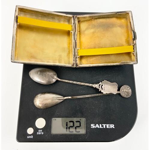 320 - HALLMARKED SIVER CIGARETTE CASE 83g , 2 SOUVENIR SPOONS 33g  & A EASEL BACK  SILVER PHOTO FRAME