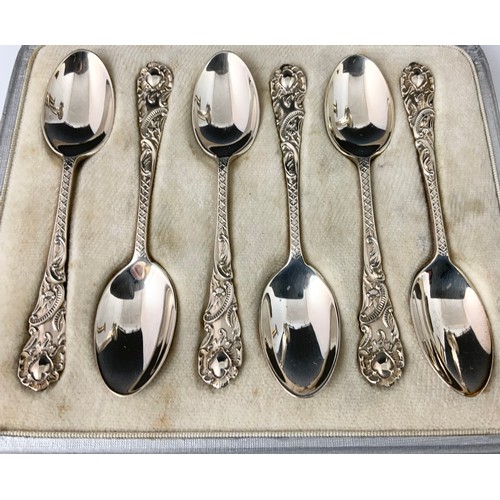 321 - CASED SET OF ORNATE SILVER COFFEE SPOONS, HALLMARKED SILVER VASE,  DRESSING TABLE POT WITH HALLMARKE... 