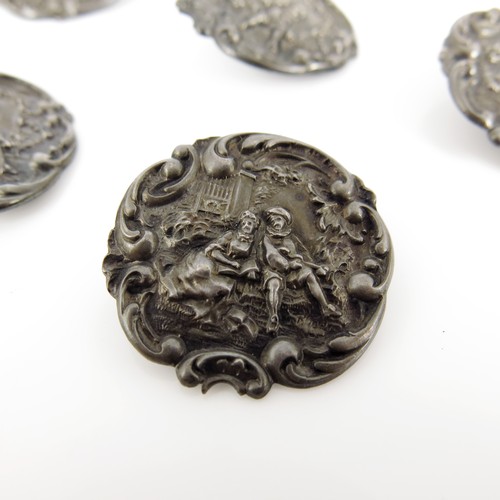 453 - CASED SET OF 6 STERLING SILVER BUTTONS WITH EMBOSSED DECORATION, APPROX. 35g IN HUNT & ROSKELL IN AL... 