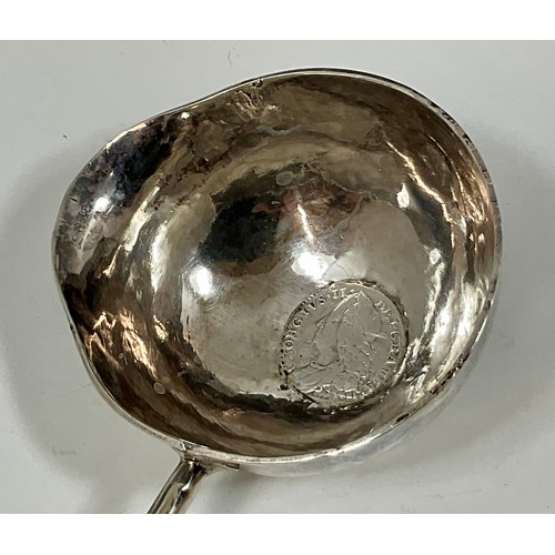 439 - SILVER AND WHALE BONE PUNCH LADLE, SILVER BOWL SET WITH GEORGIAN 6d