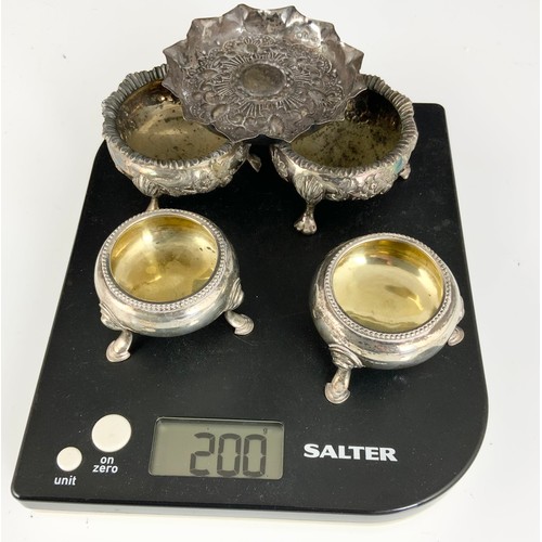 355 - 2 PAIRS OF HALLMARKED SILVER OPEN SALTS & A HALLMARKED SILVER DISH 201g