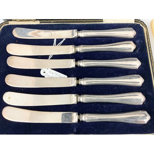 438 - CASED SET OF BUTTER KNIFES WITH HALLMARKED SILVER HANDLE WITH VARIOUS CUTLERY WITH SILVER HANDLES OR... 