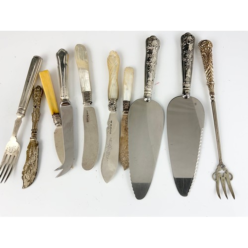 438 - CASED SET OF BUTTER KNIFES WITH HALLMARKED SILVER HANDLE WITH VARIOUS CUTLERY WITH SILVER HANDLES OR... 