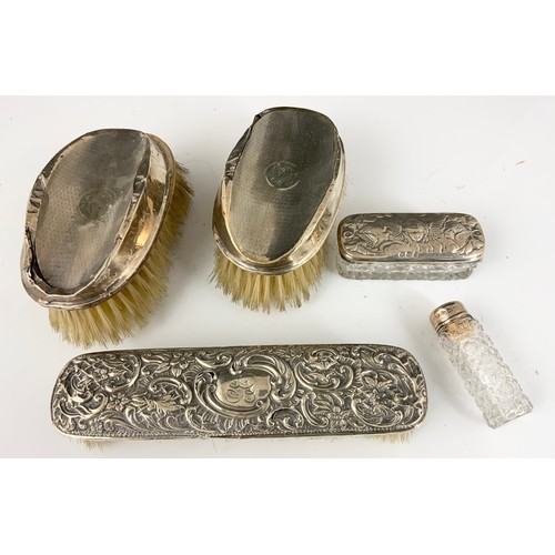 389 - 3 BRUSHES WITH HALLMARKED SILVER COVERS WITH 2  GLASS  DRESSING TABLE POTS WITH SILVER TOPS