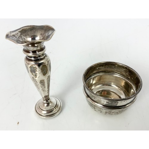 454 - SMALL SILVER BOWL, TRUMPET VASE AND PAIR OF SILVER GILT EGG CUPS