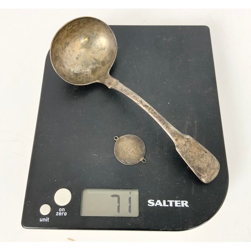 431 - SILVER LADLE AND IDENTITY BADGE, APPROX. 70g