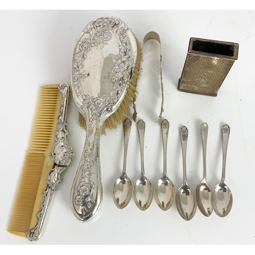 336 - MISC. SILVER INC. SET OF 6 GOLF RELATED SILVER TEA SPOONS, SET OF 4 SILVER DISHES, 4 SERVIETTE RINGS... 