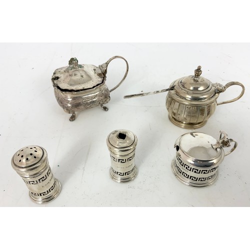 353 - MISC. INC. SILVER CRUET SET ON STAND, SILVER MUSTARD POT, ONE OTHER MARKED STERLING, SILVER CREAM JU... 