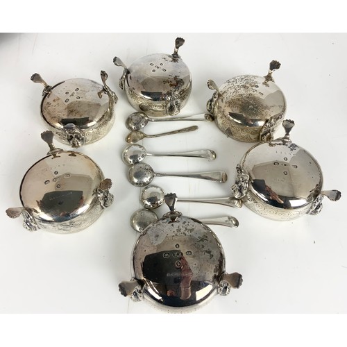 352 - CASED SET OF  6 HALLMARKED FREDERICK ELKINGTON BIRMINGHAM SILVER 1875 OPEN SALTS WITH 5 MATCHING SPO... 