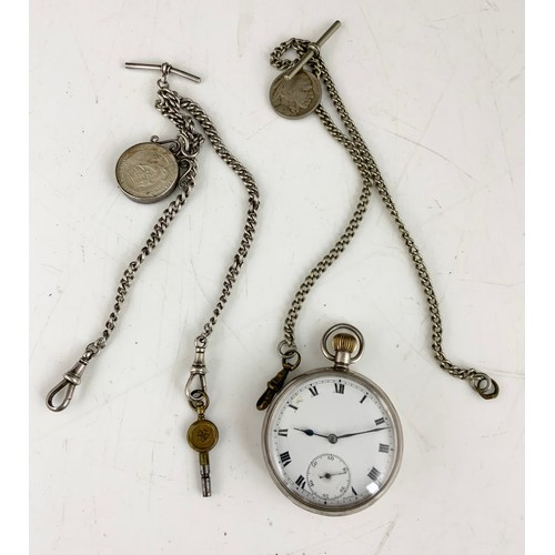 363 - 2 SILVER SERVIETTE RINGS, A SILVER CASED POCKET WATCH AND WATCH CHAINS AND 2 FRUIT KNIVES