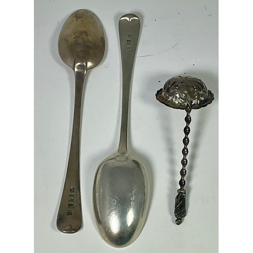 342 - 2 SILVER TABLE SPOONS, APPROX. 136g AND AN APOSTLE SIFTER SPOON APPROX. 25g