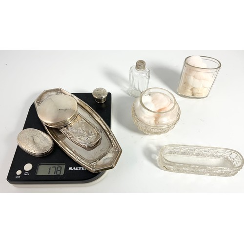 399 - SILVER DRESSING TABLE TRAY AND MISC. BOTTLES WITH SILVER TOPS