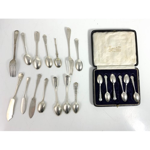 309 - BOXED SET OF 6 SILVER TEASPOONS AND VARIOUS OTHER SPOONS, FORKS, KNIVES ETC. APPROX. 270g gross