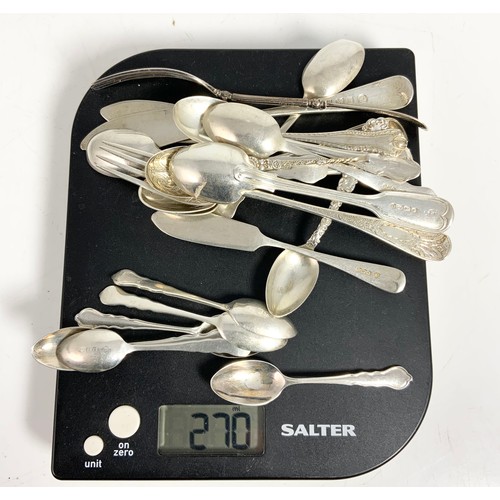 309 - BOXED SET OF 6 SILVER TEASPOONS AND VARIOUS OTHER SPOONS, FORKS, KNIVES ETC. APPROX. 270g gross