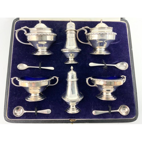 351 - IMPRESSIVE SILVER CRUET SET IN JAYS, OXFORD STREET, PRESENTATION CASE 409g