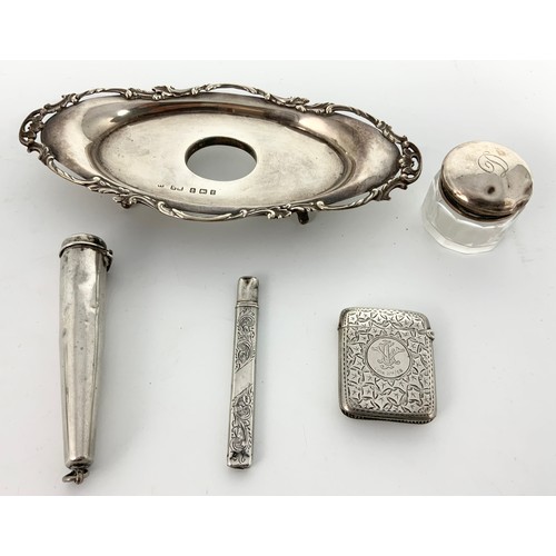 369 - MISC.SILVER INC. GOBLET, VESTA CASE, SNUFF BOX, INKWELL STAND, CHEROOT HOLDER, PENCIL AND SILVER TOP... 