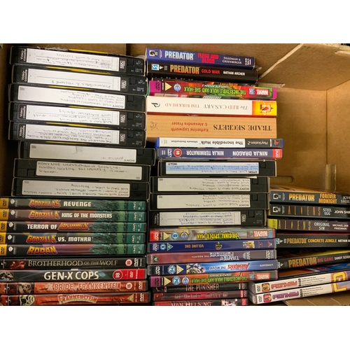 358 - TRAY OF VARIOUS DVD, CD, SCI-FI, SOME BOOKS & HOME TAPES WRESTLING