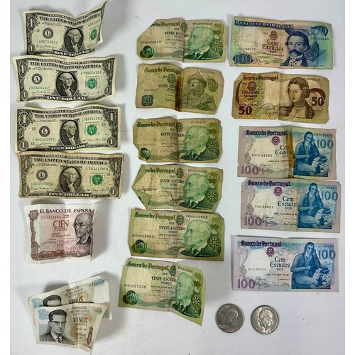 597 - FOREIGN BANKNOTES AND 2 LIBERTY DOLLARS, 1972 AND 1974