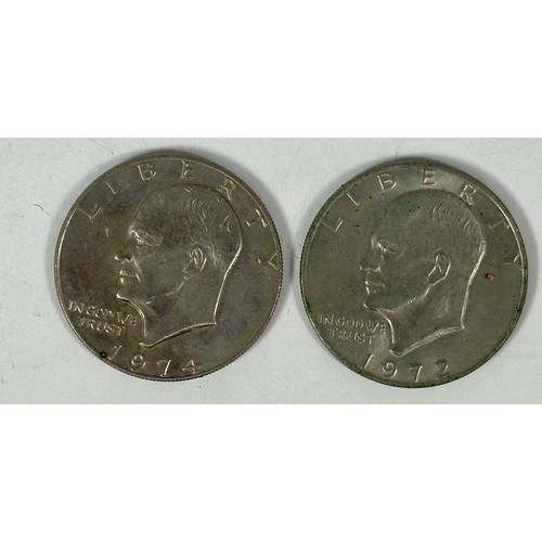 597 - FOREIGN BANKNOTES AND 2 LIBERTY DOLLARS, 1972 AND 1974