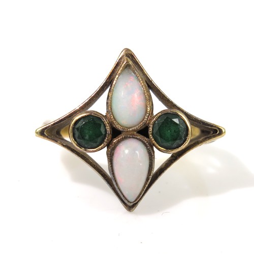 886 - VERY STYLISH 18CT GOLD RING SET WITH 2 EMERALDS AND 2 TEARDROP SHAPED OPALS