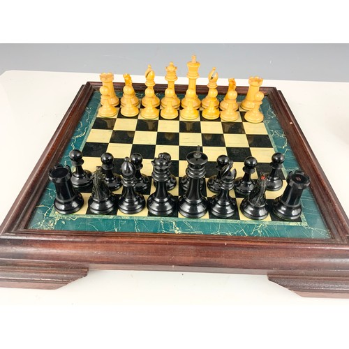 291 - GOOD QUALITY WEIGHTED STAUNTON CHESS SET IN MAHOGANY BOX  KING 9.5cm KINGS ROOK & KNIGHT RED CROWN M... 