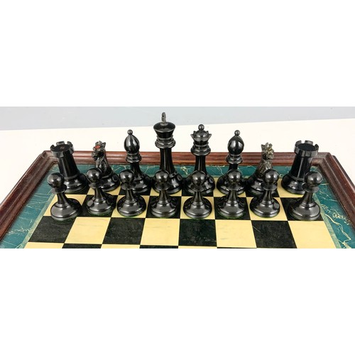 291 - GOOD QUALITY WEIGHTED STAUNTON CHESS SET IN MAHOGANY BOX  KING 9.5cm KINGS ROOK & KNIGHT RED CROWN M... 