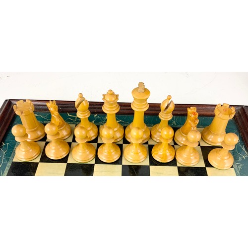 291 - GOOD QUALITY WEIGHTED STAUNTON CHESS SET IN MAHOGANY BOX  KING 9.5cm KINGS ROOK & KNIGHT RED CROWN M... 