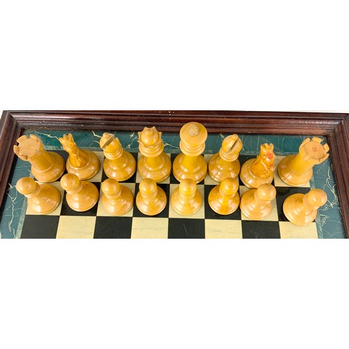 291 - GOOD QUALITY WEIGHTED STAUNTON CHESS SET IN MAHOGANY BOX  KING 9.5cm KINGS ROOK & KNIGHT RED CROWN M... 