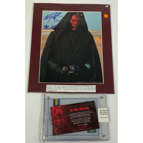 367 - RAY PARK SIGNED PHOTO DARTH MAUL STAR WARS, WITH CERTIFICATE OF AUTHENTICITY, & SIGNED TRADING CARD ... 