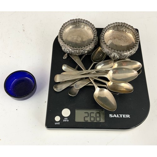 334 - PAIR OF SILVER SALTS TOGETHER WITH A QUANTITY OF SILVER SPOONS 268g