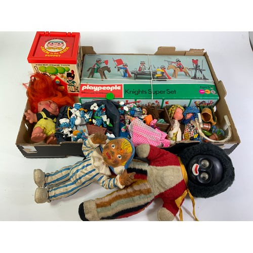 56 - VARIOUS TOYS INCLUDING GOLLY DOLL, BARBIE, SMURFS, TROLL, PLAY PEOPLE, FISHER PRICE, JACK IN THE BOX