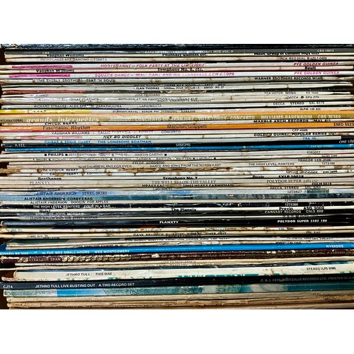 857 - BOX OF OVER 60 LP RECORDS, INTERESTING MIX OF GENRES INC. FOLK, JAZZ, BLUES, ROCK N ROLL AND CLASSIC... 